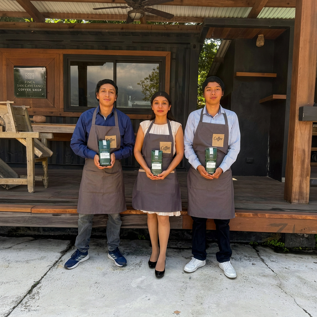 Team members at Finca San Cayetano Coffee Shop holding bags of Fuego Maya coffee