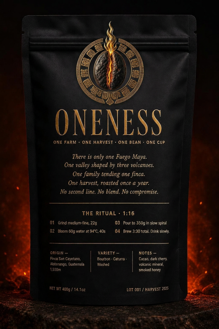 Back of the Fuego Maya coffee bag — gold foil Oneness manifesto, brewing ritual and origin specs on matte black