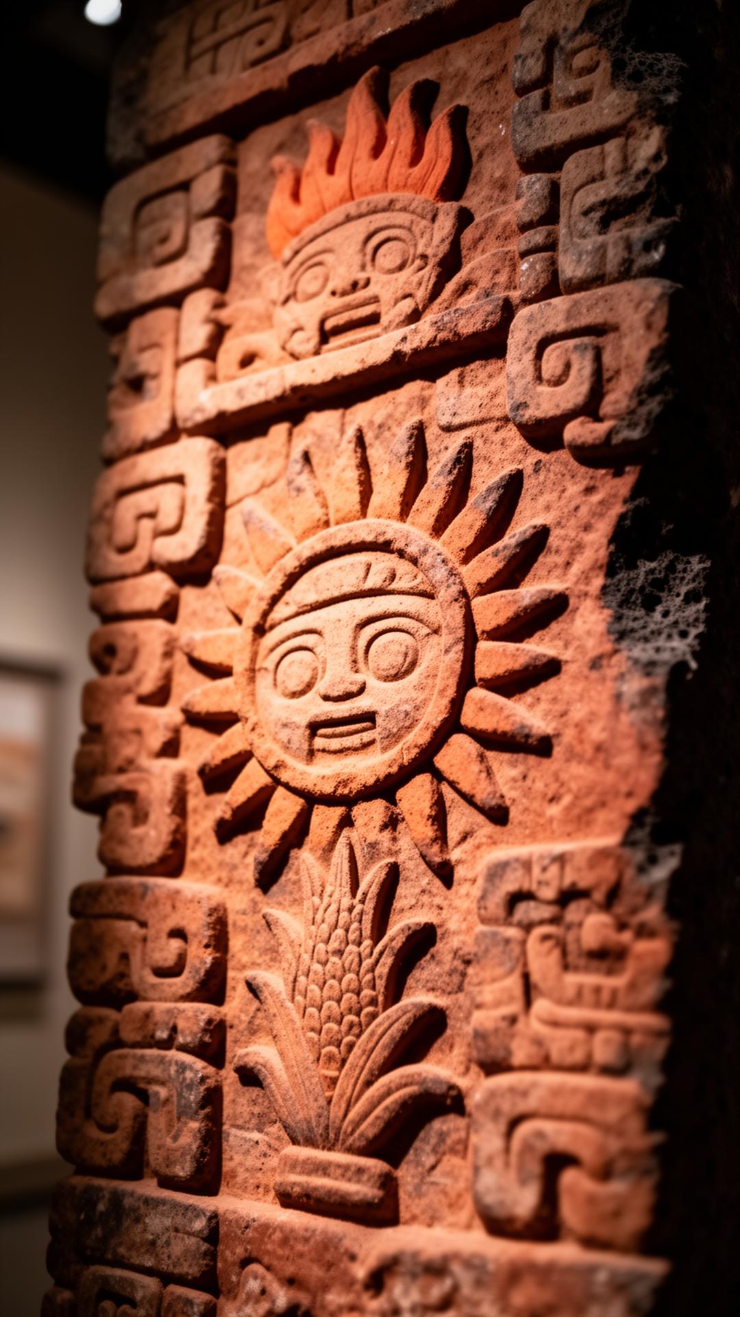 Ancestral Mayan stone carving with fire and sun glyphs