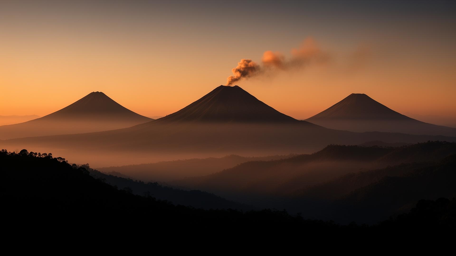 Silhouettes of Acatenango, Fuego, and Agua volcanoes at sunrise in Guatemala